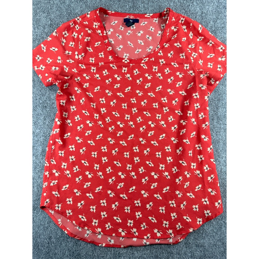 Gap Blouse Women Size M Red Excellent Floral Scoop Neck Short Sleeve Top